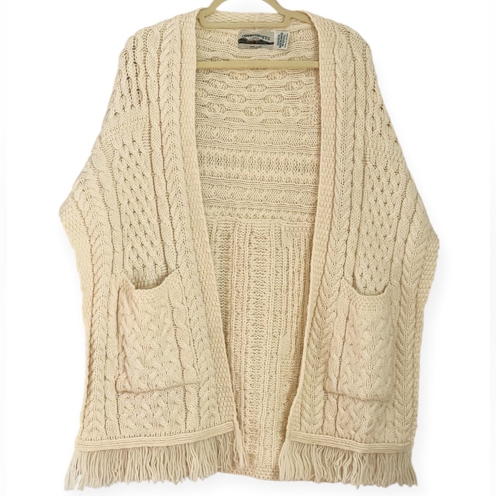 ARAN CRAFTS 100% Merino Wool Cream Cable Knit Wrap Poncho Fringe Hem One Size